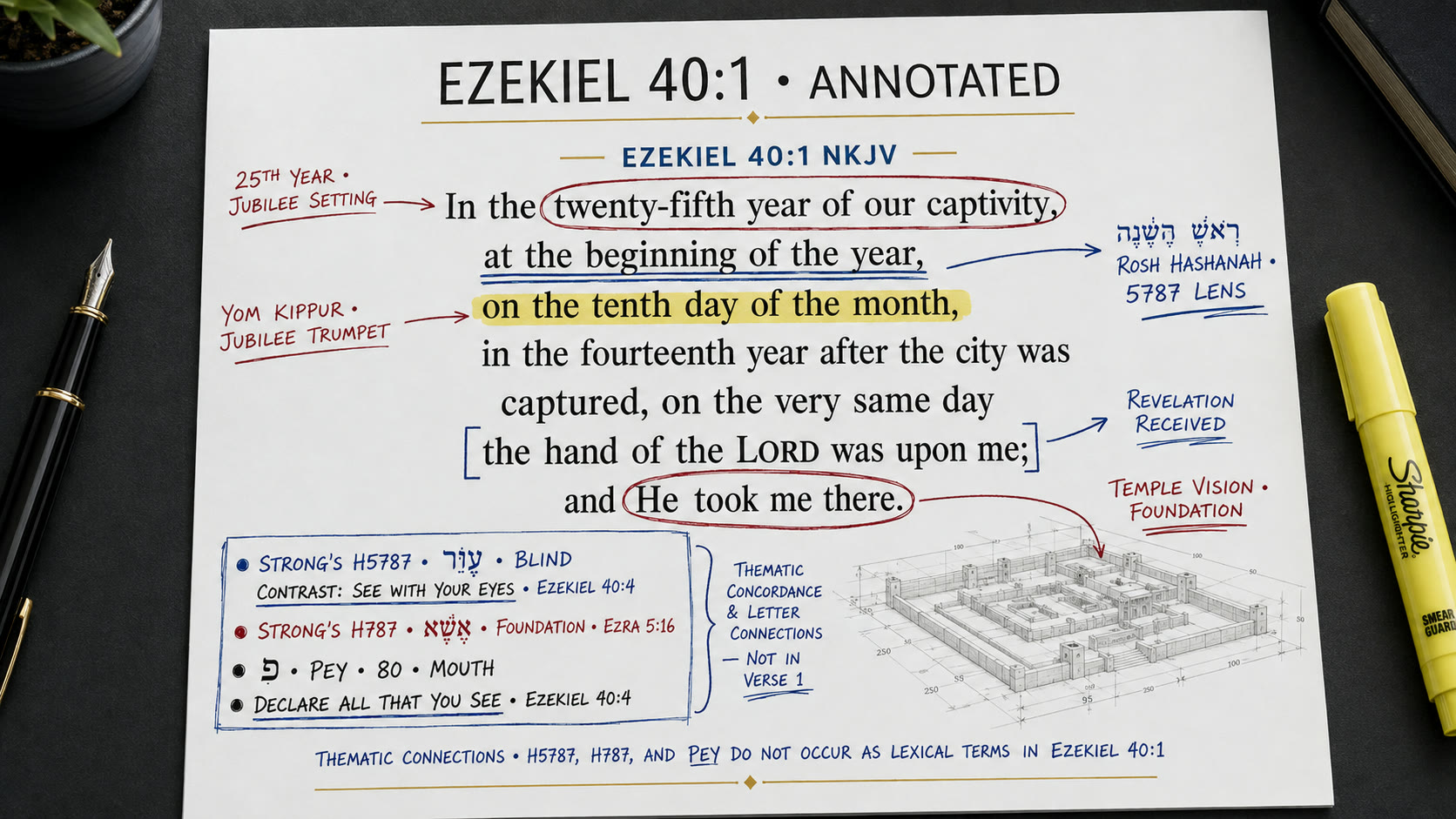 TOC annotated Ezekiel 40:1 study graphic highlighting the twenty-fifth year, beginning of the year, tenth day, Jubilee setting, and temple vision