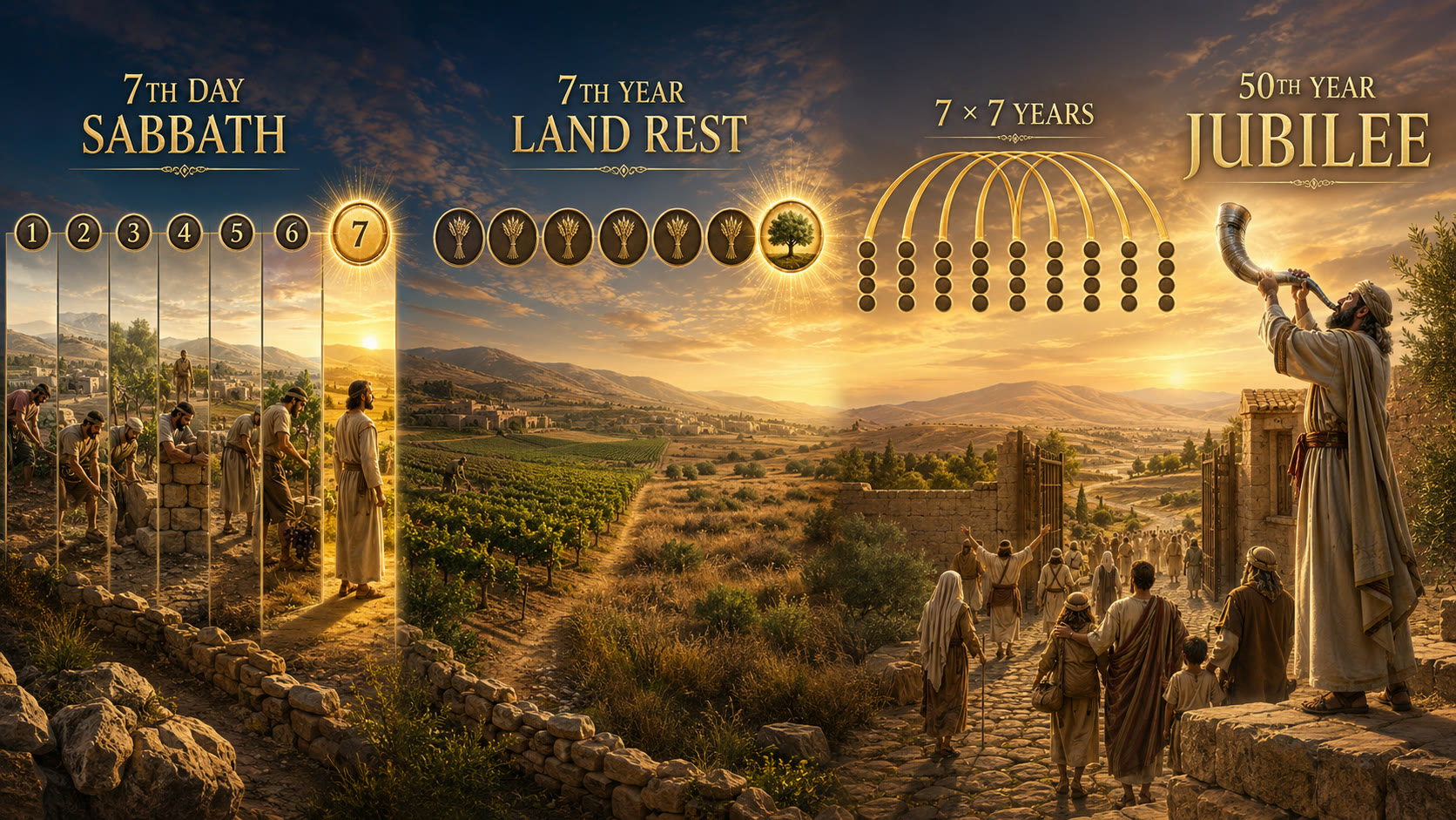 TOC graphic illustrating the seventh day Sabbath, seventh year land rest, seven times seven years, and the fiftieth year Jubilee