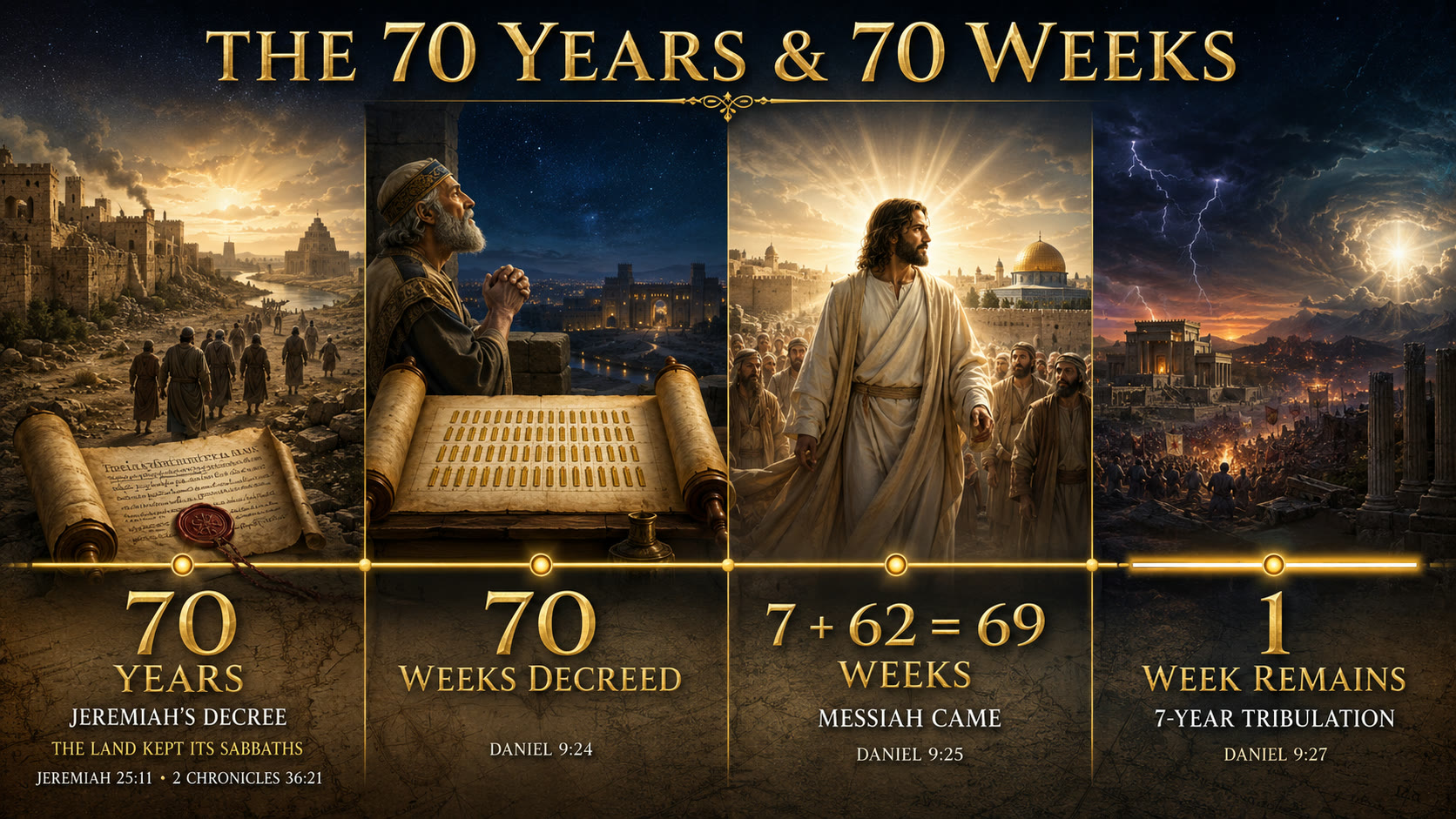 TOC prophetic timeline graphic showing Jeremiah's seventy years, Daniel's seventy weeks, the sixty-nine weeks to Messiah, and the final seven-year week