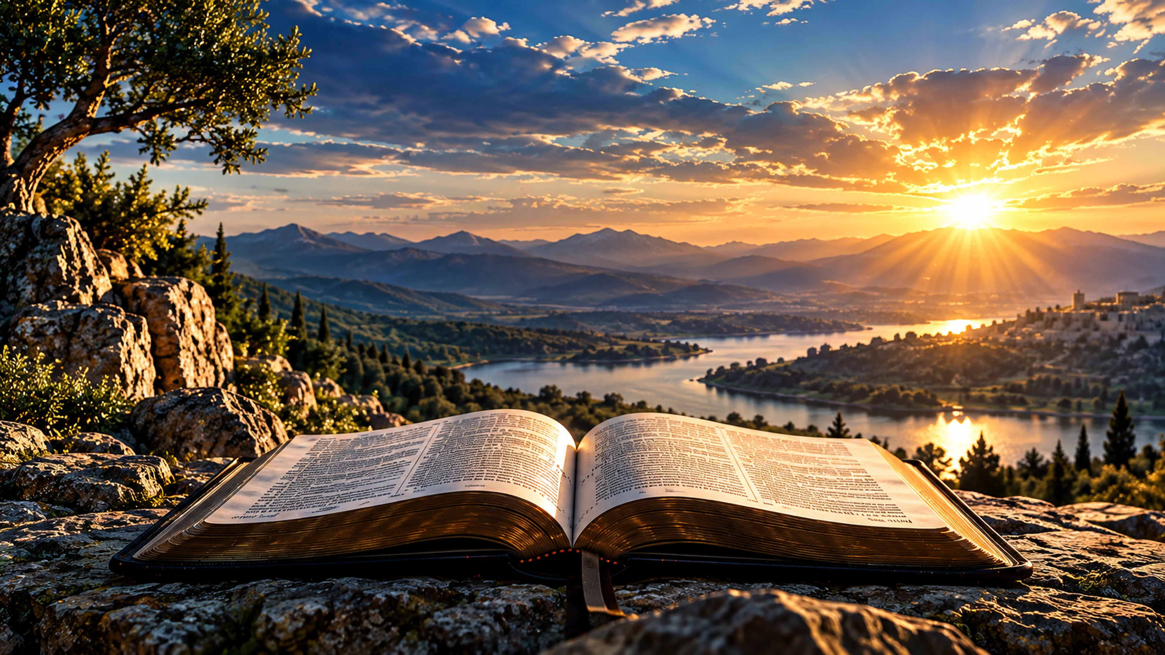 Open Bible overlooking a mountain valley and river at sunrise