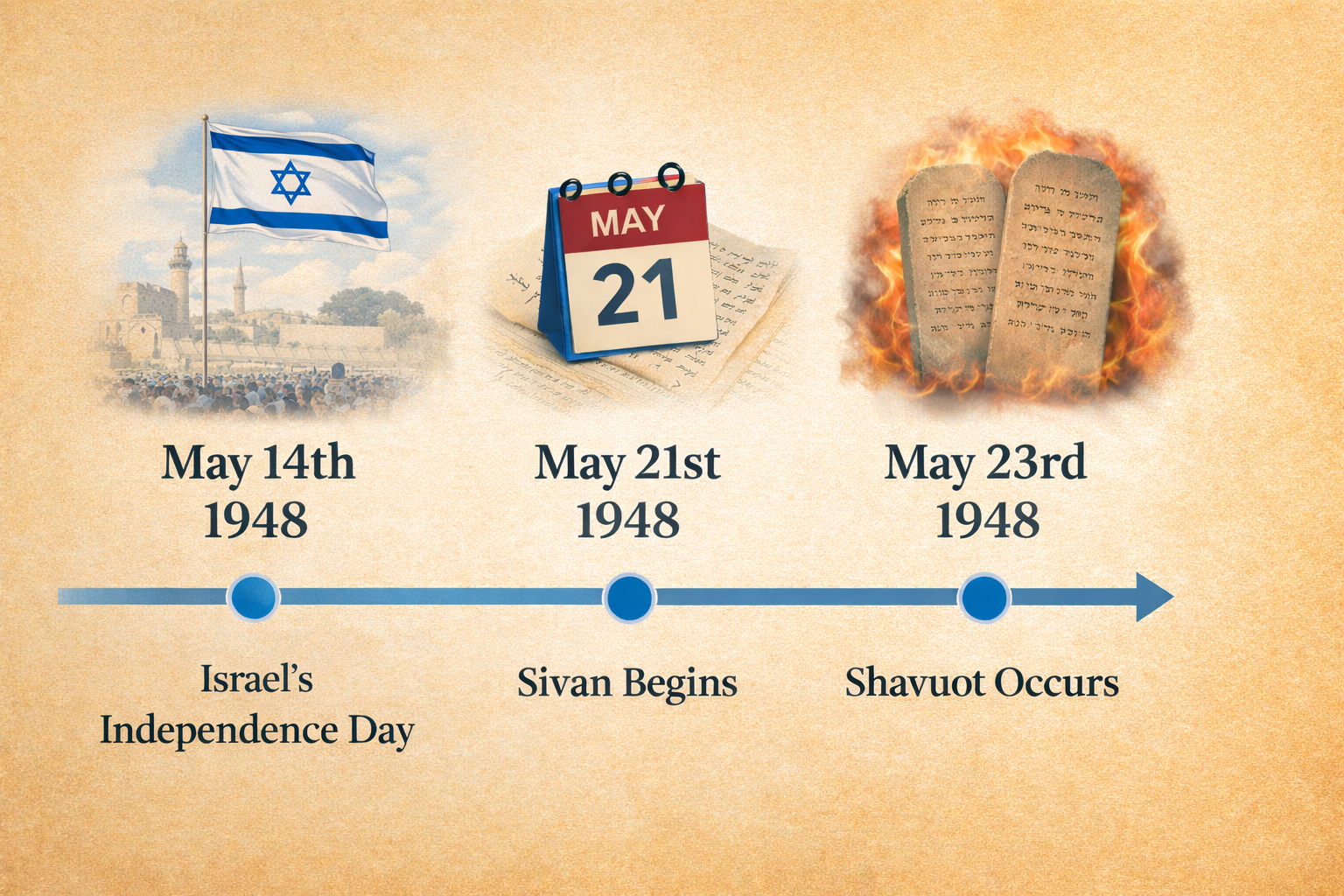 Israel's rebirth in 1948 coincides with the Biblical Hebrew Festival of Shavuot & Pentecost