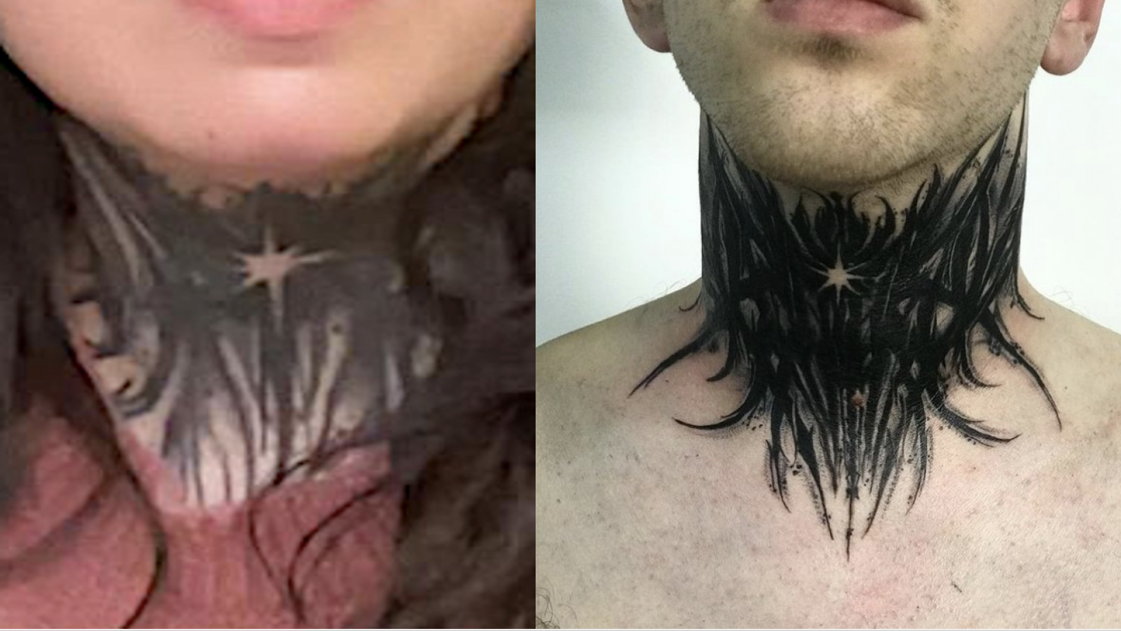 Nikalie Monroe Lucifarian Neck Tattoo of a dark angel bearing a star in the middle