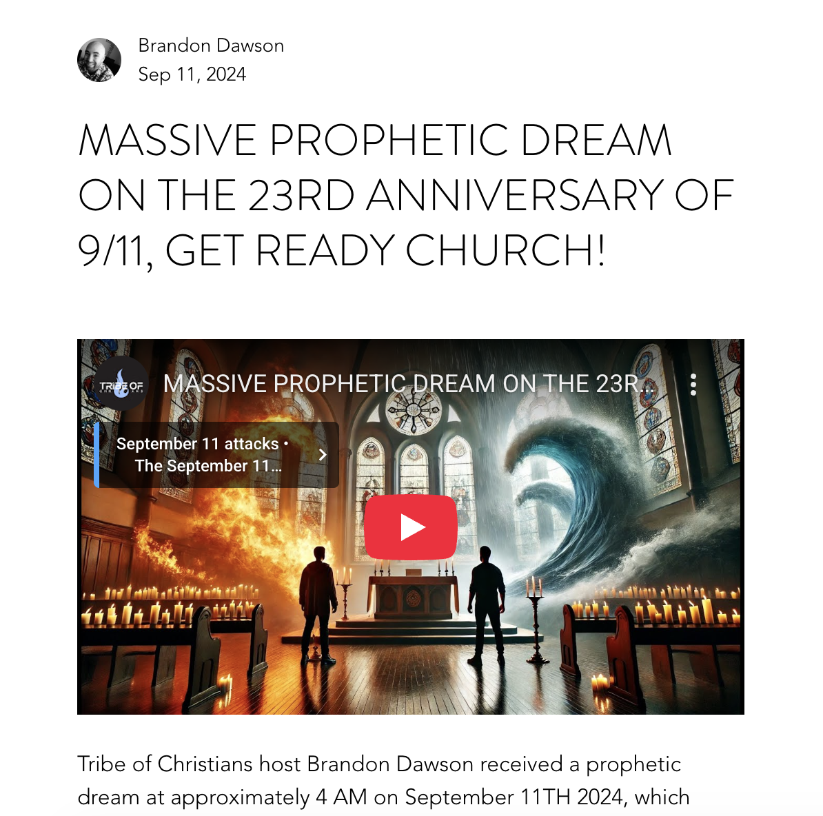 Church interior with two figures facing a glowing altar, surrounded by fire and waves. Text: "Massive Prophetic Dream on the 23rd Anniversary of 9/11."